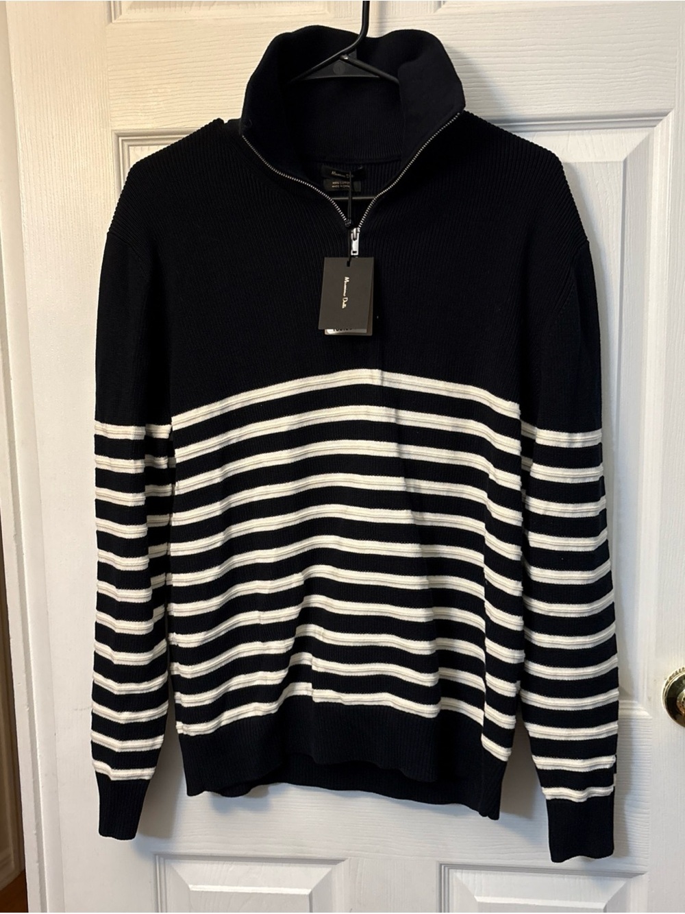 Massimo Dutti Black and White Striped Half-Zip Sweater